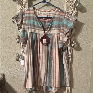 Knox Rose Blue and Gray Pleated V-Neck Blouse
